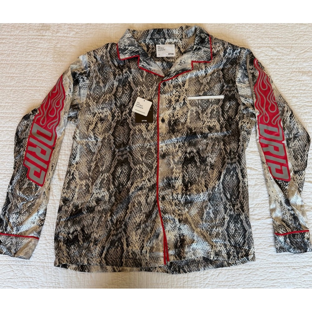 EPTM Mens Snakeskin Print Drip Flame Graphic Button Up Shirt Grey Red Large NWT